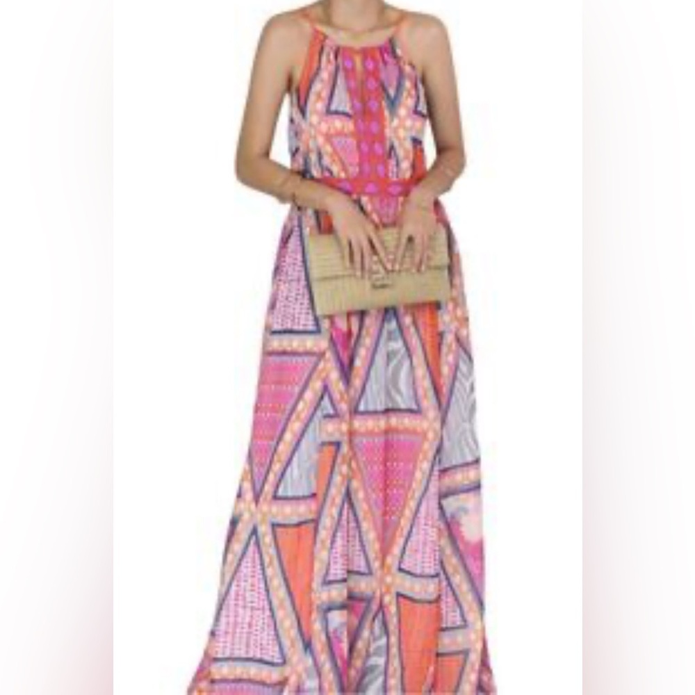 H&M Pink and Orange beaded Patterned Maxi Dress size 4